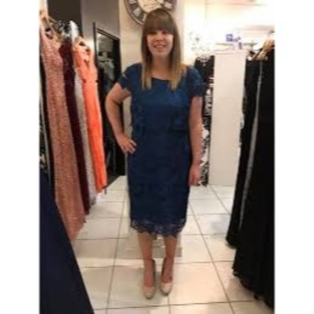 Jacques Vert Collection Women's Navy Floral Lace Overlay Sheath Dress Size 12